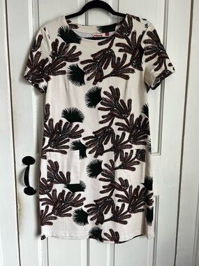 White Short-Sleeve Shift Dress with Brown & Green Botanical Print